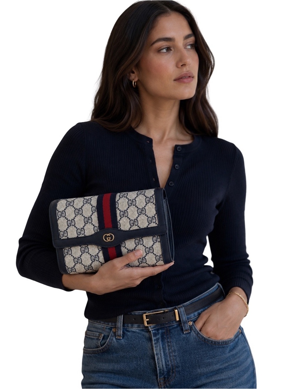Gucci Navy/Red Web GG Monogram Crossbody Clutch SMALL